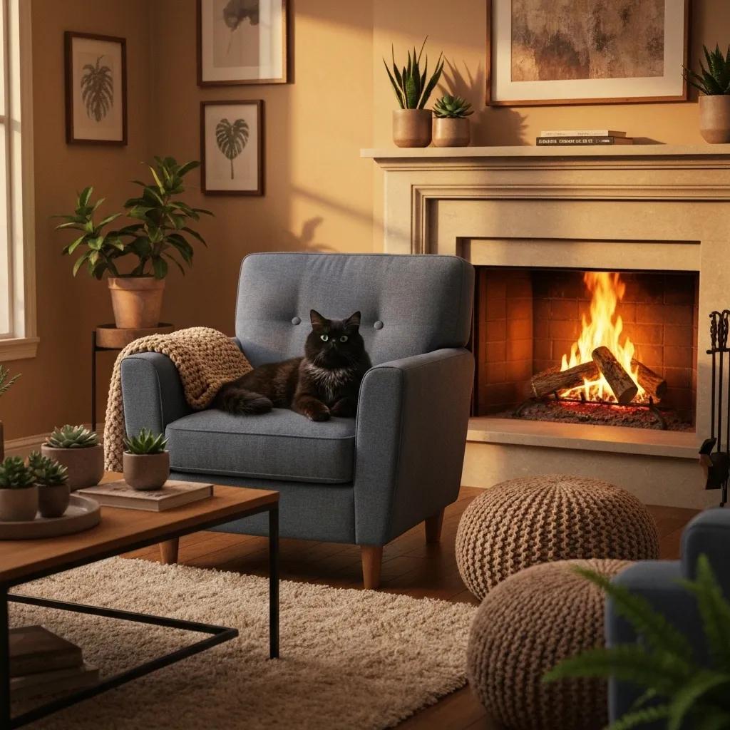 Cozy living room with a relaxed cat on an armchair, emphasizing comfort and allergy management, relevant to pet care and wellness at Pine Animal Hospital.
