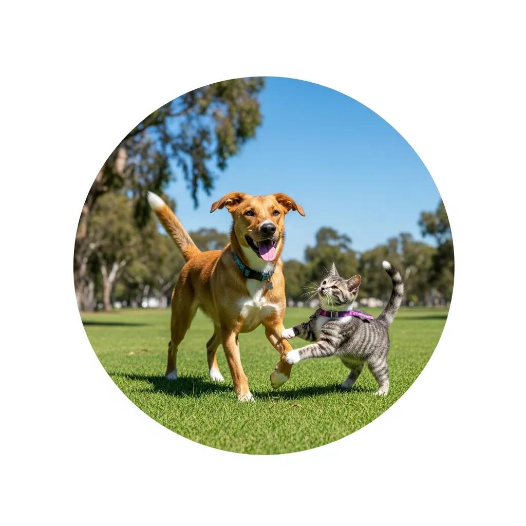 Dog and cat playing in a sunny park, symbolizing the importance of microchipping for pet safety