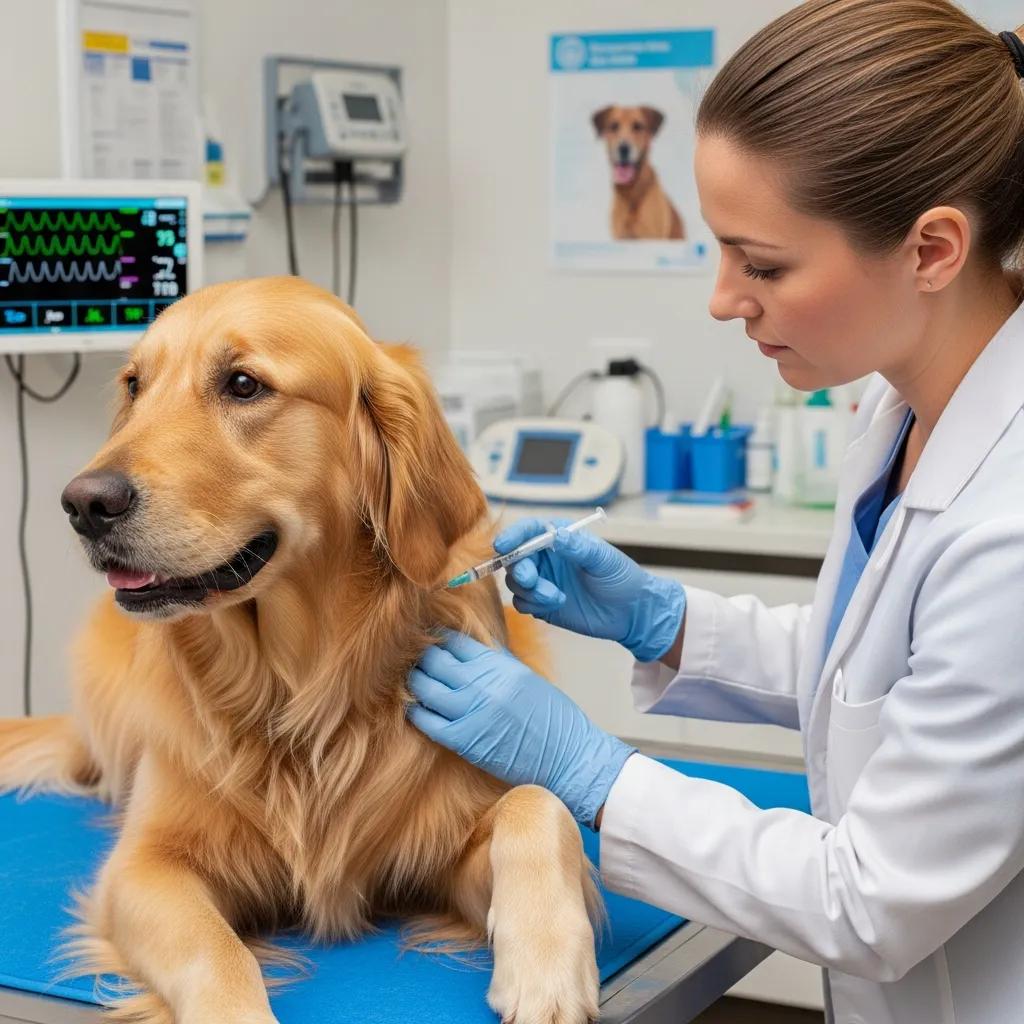 Dog receiving a vaccination from a veterinarian in a clinic setting, emphasizing preventive care at Pine Animal Hospital.