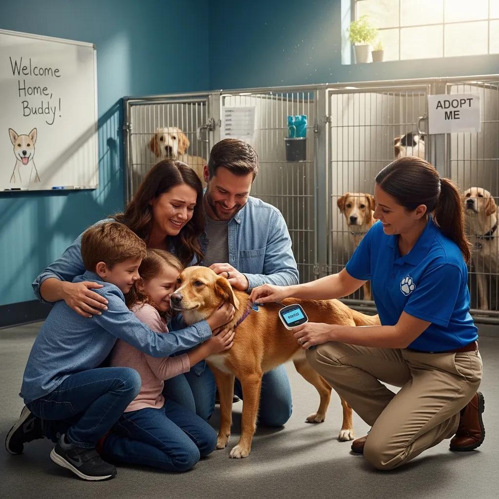 Family joyfully reuniting with their lost dog at an animal shelter, highlighting microchipping benefits