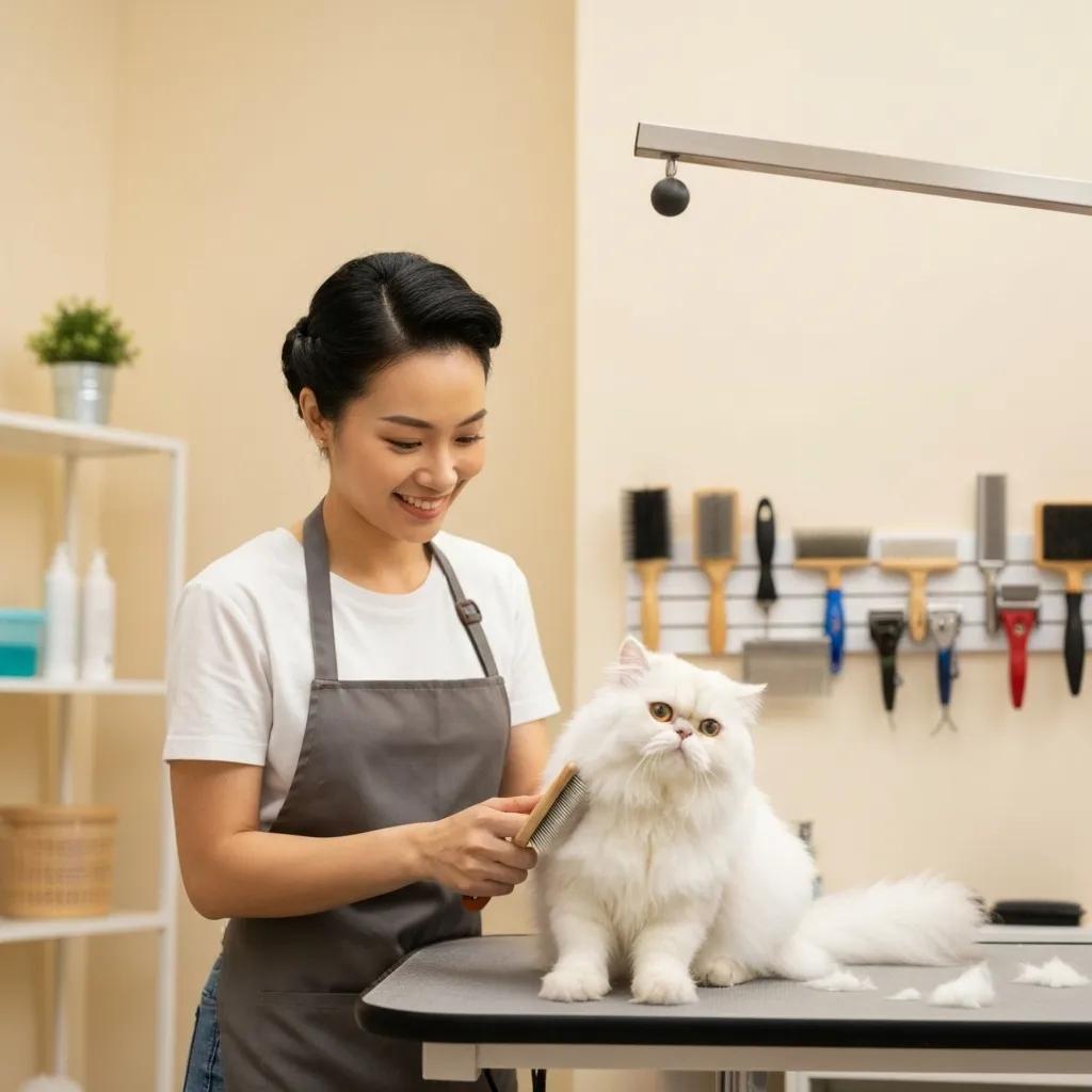 Groomer brushing a fluffy white cat in a cozy salon, highlighting the importance of cat grooming services at Pine Animal Hospital for maintaining coat health and preventing hairballs.