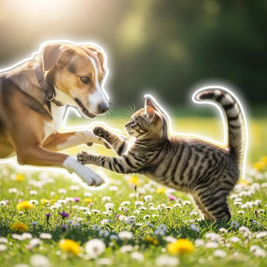 Happy dog and cat playing together in a park, symbolizing the health benefits of pet sterilization, relevant to Pine Animal Hospital's spay and neuter services in Long Beach.
