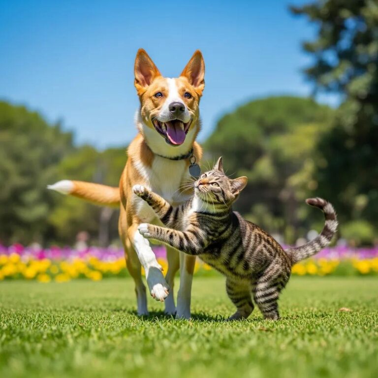 Happy dog and cat playing in a sunny park, symbolizing effective flea and tick prevention, promoting pet health at Pine Animal Hospital.