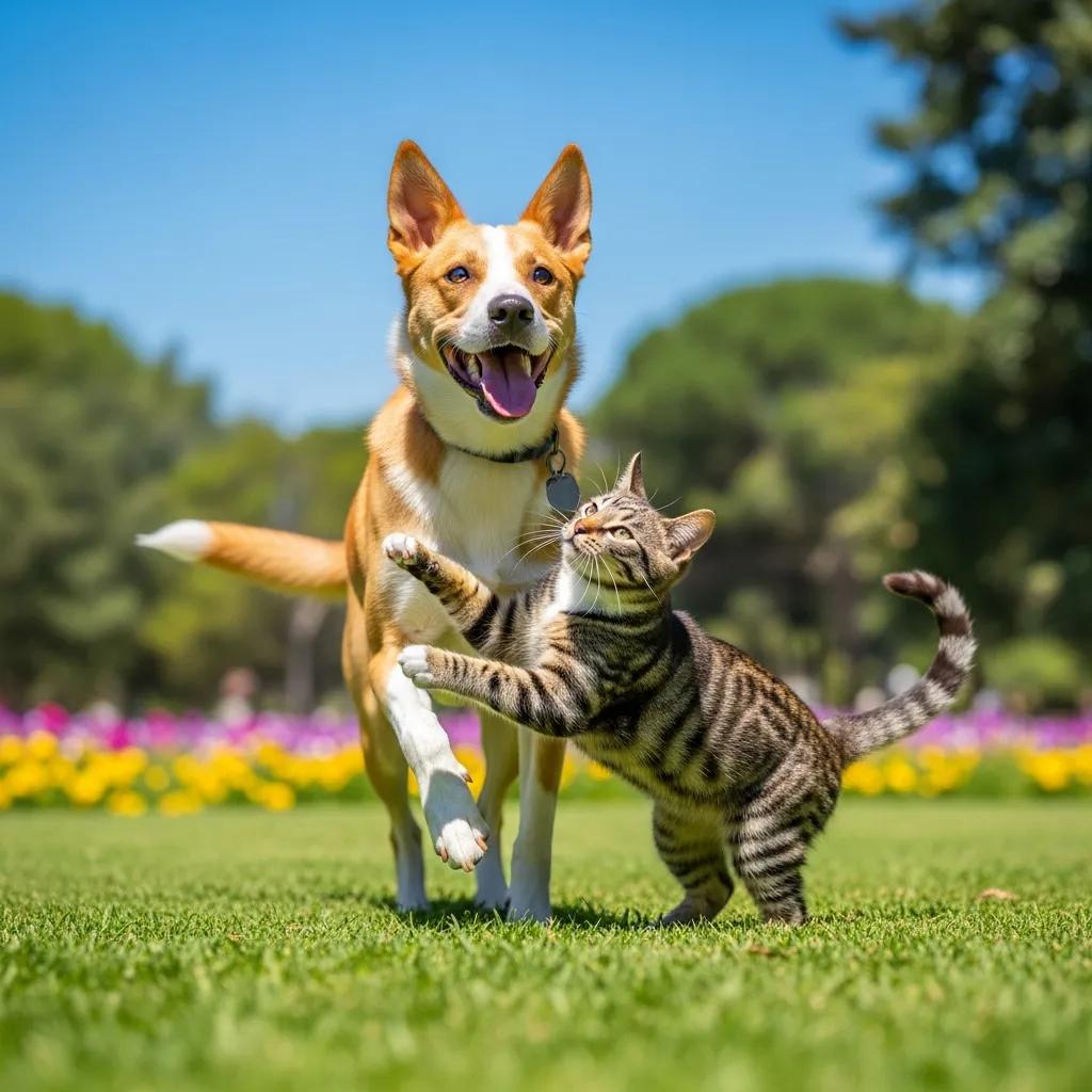 Happy dog and cat playing together in a sunny park, symbolizing effective flea, tick, and heartworm prevention at Pine Animal Hospital in Long Beach, CA.