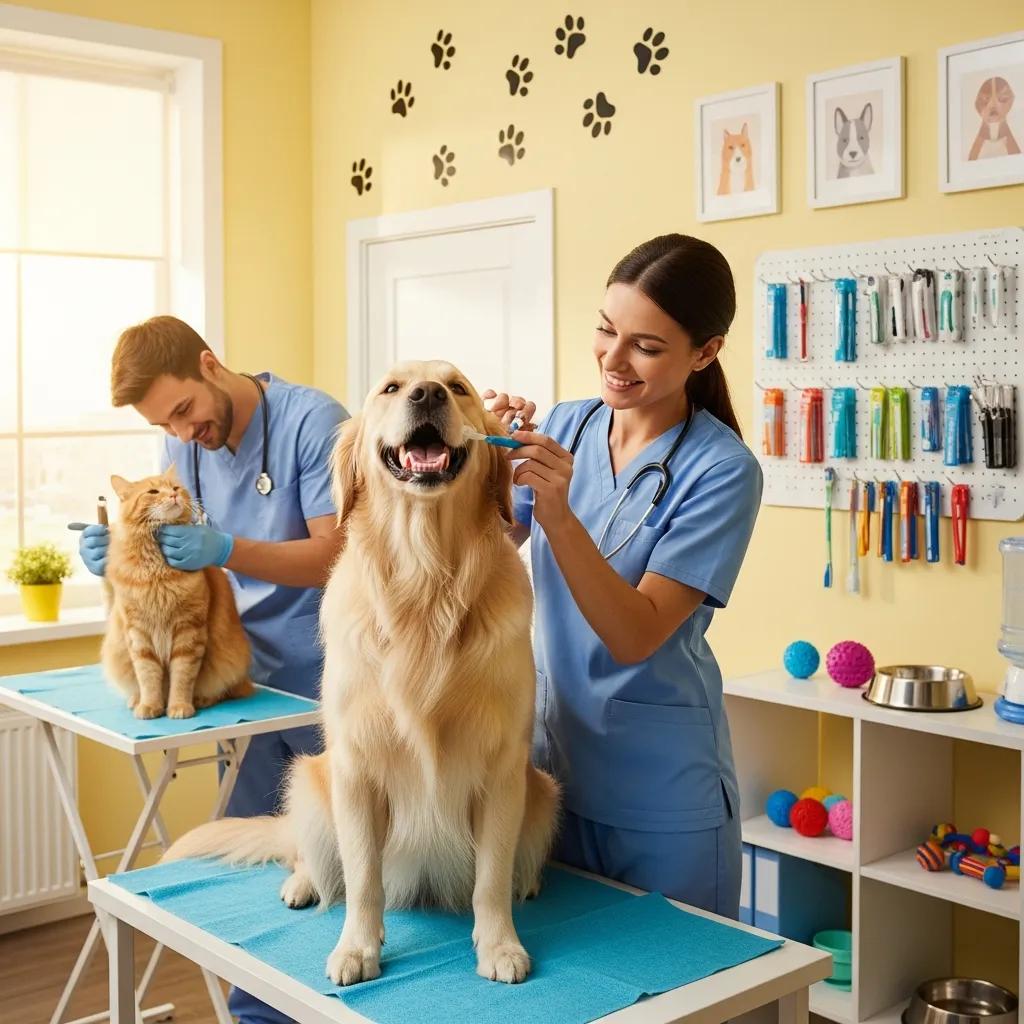 Happy dog receiving dental care from a veterinarian at Pine Animal Hospital, with a cat also being attended to, emphasizing pet dental health in a veterinary clinic setting.