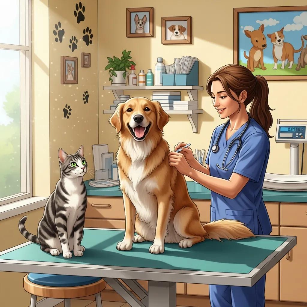 Happy dog receiving a vaccination from a veterinarian in a clinic, with a cat observing, representing pet vaccination services at Pine Animal Hospital.
