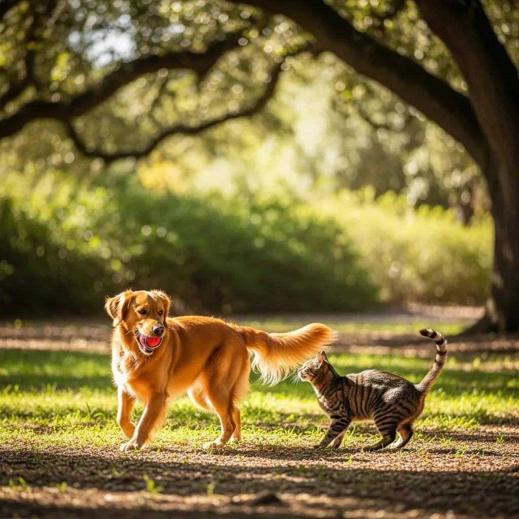 Healthy dog and cat playing together in a sunny park, representing holistic pet wellness at Pine Animal Hospital.