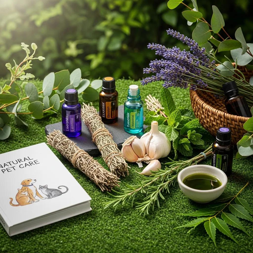 Natural pet care products including essential oils, herbal remedies, and a book on holistic tick prevention, set in a garden environment, related to Pine Animal Hospital’s focus on natural tick prevention options.