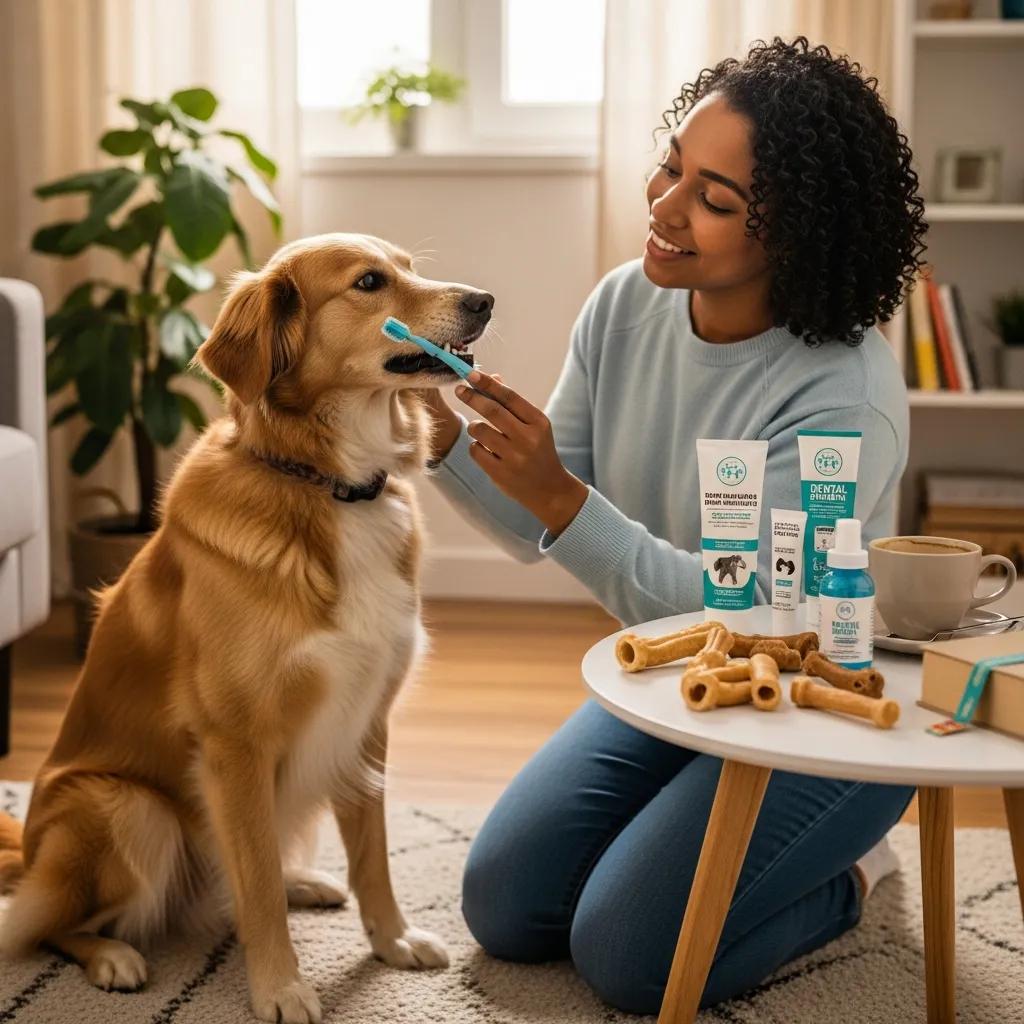 Woman brushing dog's teeth at home with dental care products, promoting effective home dental care tips from Pine Animal Hospital.