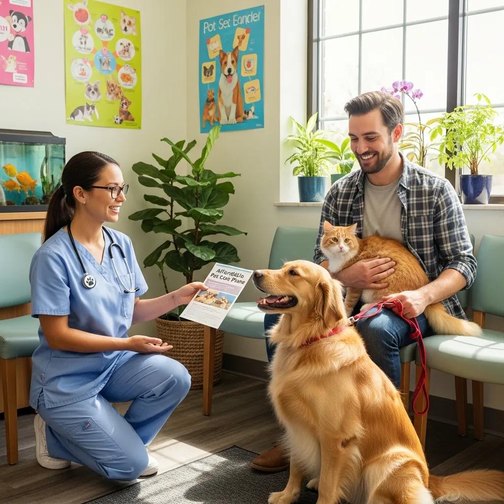 Veterinarian discussing affordable pet care options with a pet owner in Pine Animal Hospital, featuring a golden retriever and an orange cat in a welcoming clinic environment.