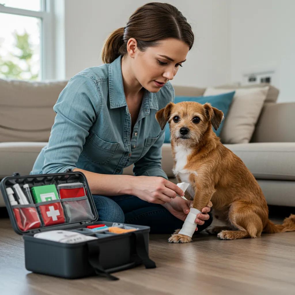 Woman providing first aid to a small dog, applying a bandage, with a first aid kit visible, emphasizing emergency care before reaching Pine Animal Hospital.