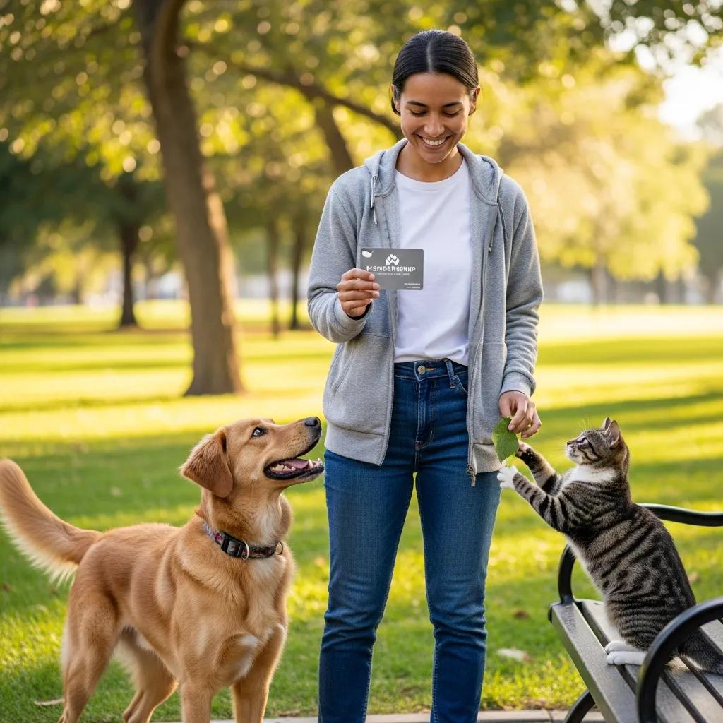 Pet owner holding Pine Animal Hospital membership card with healthy dog and cat in park, illustrating wellness membership benefits.
