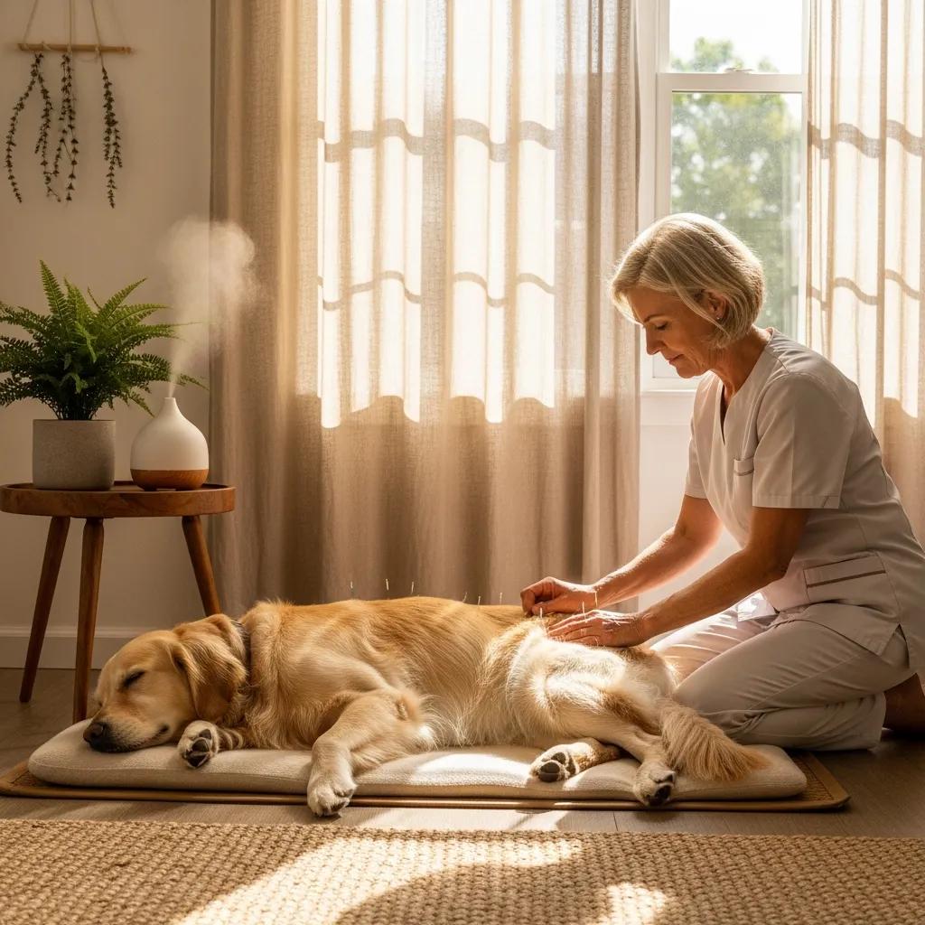 Golden retriever receiving acupuncture treatment in a calming environment at Pine Animal Hospital, highlighting holistic care options for pets.