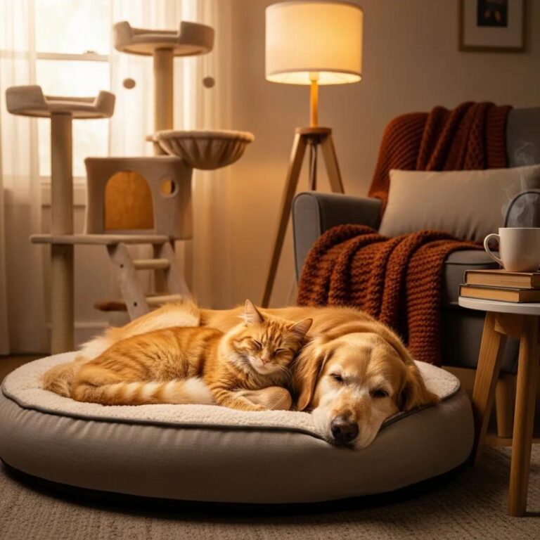 Senior dog and cat resting together in a cozy living room, emphasizing companionship and care, relevant to senior pet wellness at Pine Animal Hospital.