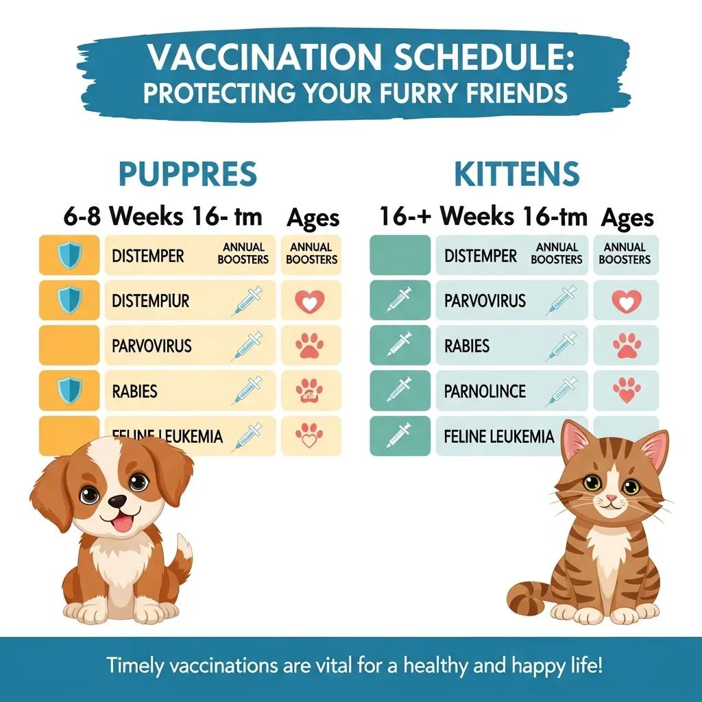 Vaccination schedule chart for puppies and kittens, featuring illustrated dog and cat, detailing essential vaccinations like Distemper, Parvovirus, and Feline Leukemia; relevant to Pine Animal Hospital's pet vaccination services.
