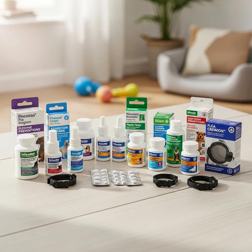 Various flea prevention products for dogs, including topical treatments, oral medications, and flea collars, on a table in a home setting, emphasizing options for effective parasite control; related to Pine Animal Hospital's focus on pet health in Long Beach.
