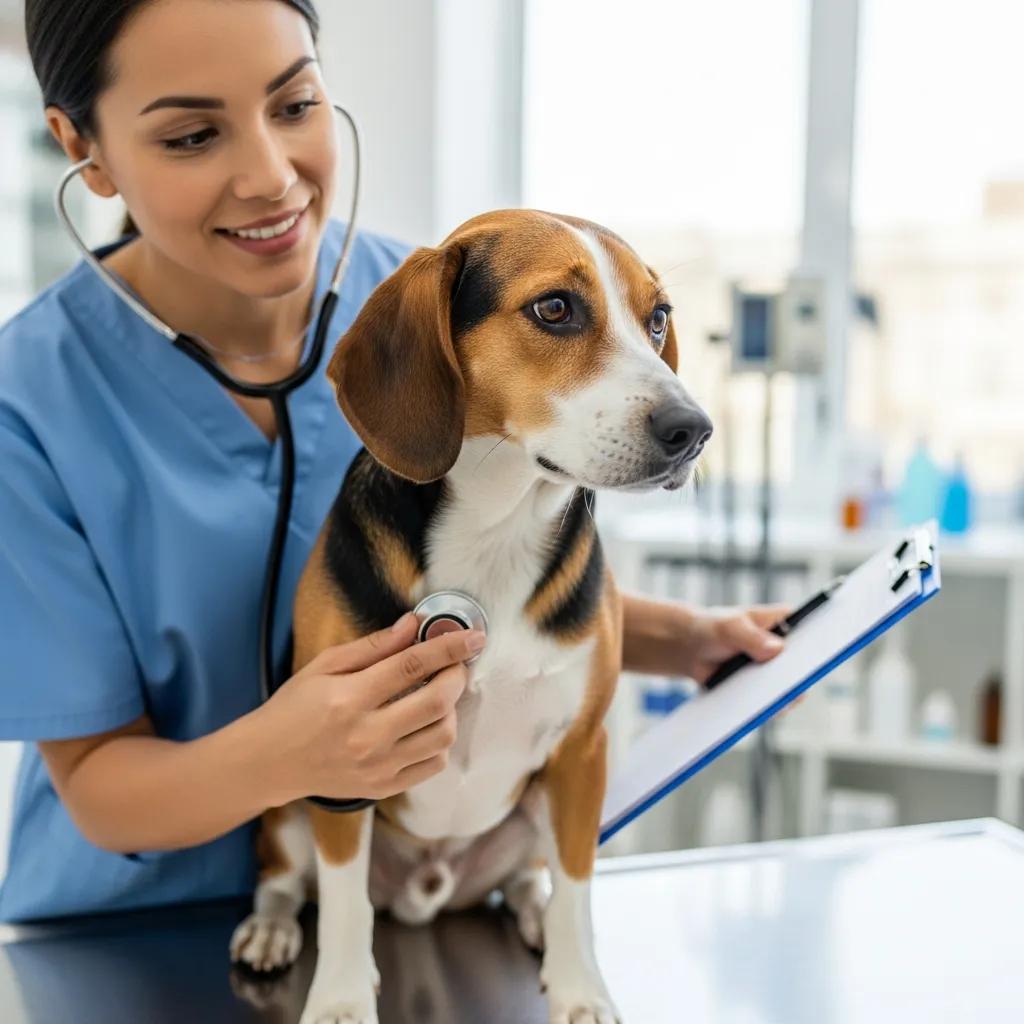 Veterinarian conducting a health check on a dog with a stethoscope, emphasizing preventive care at Pine Animal Hospital.