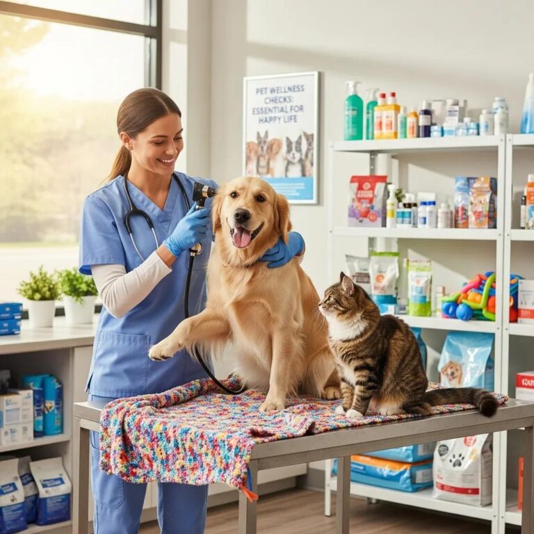 Veterinarian examining a golden retriever and a tabby cat in a friendly clinic environment at Pine Animal Hospital, surrounded by pet care products and wellness check information.