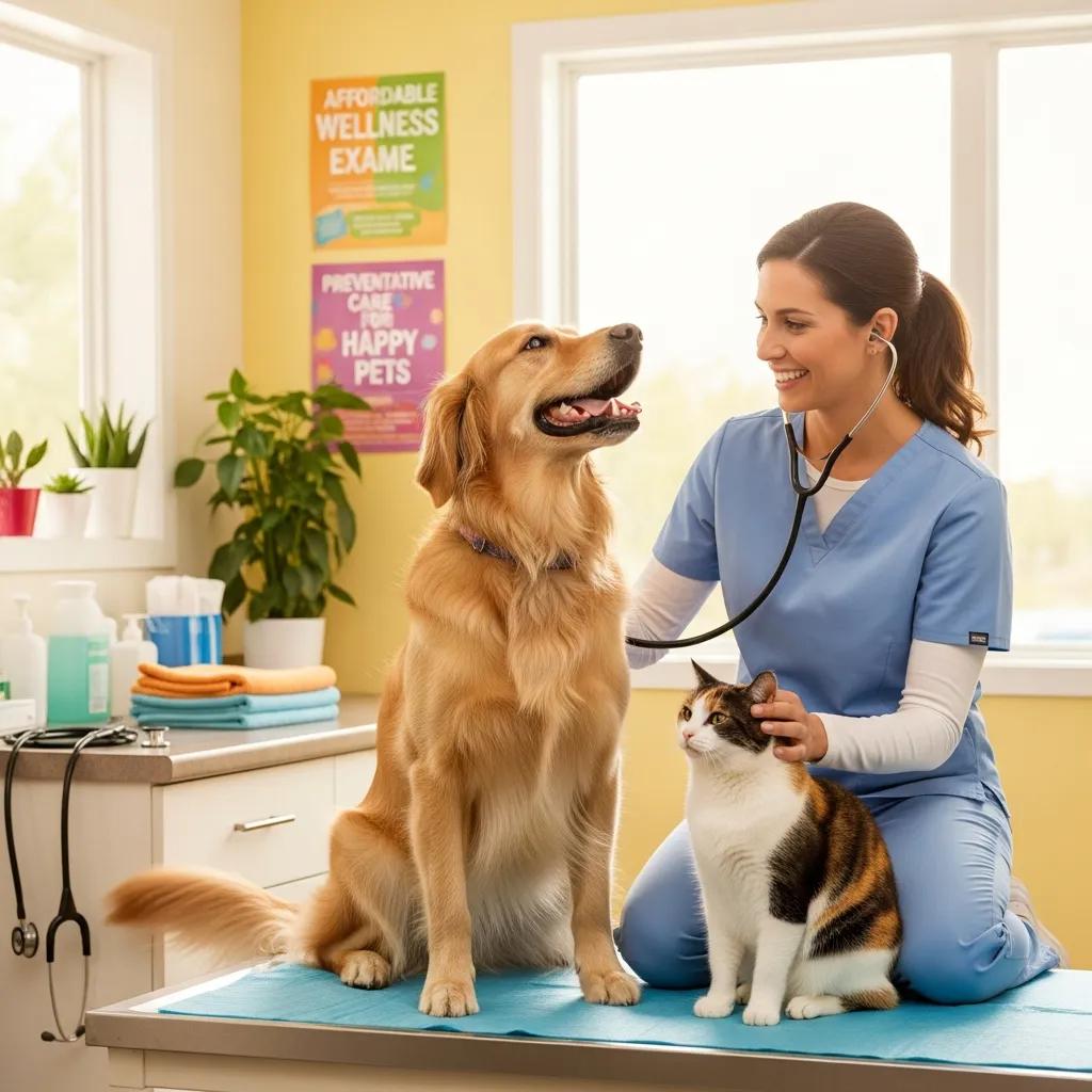 Veterinarian examining a golden retriever and a calico cat in a friendly clinic at Pine Animal Hospital, highlighting affordable pet wellness exams and preventive care for dogs and cats.