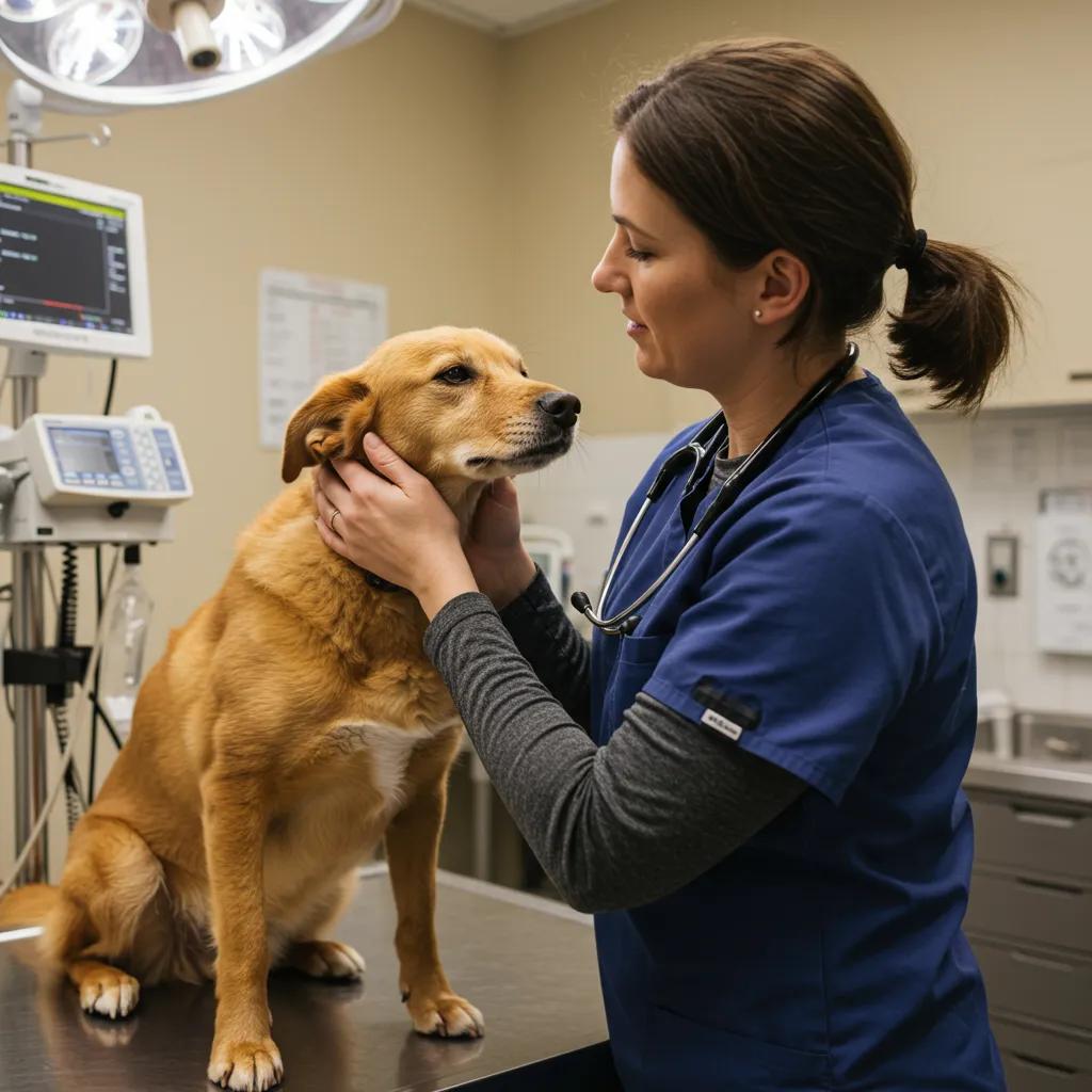 Veterinarian providing compassionate care to a dog in a modern veterinary clinic at Pine Animal Hospital, emphasizing emergency veterinary services.