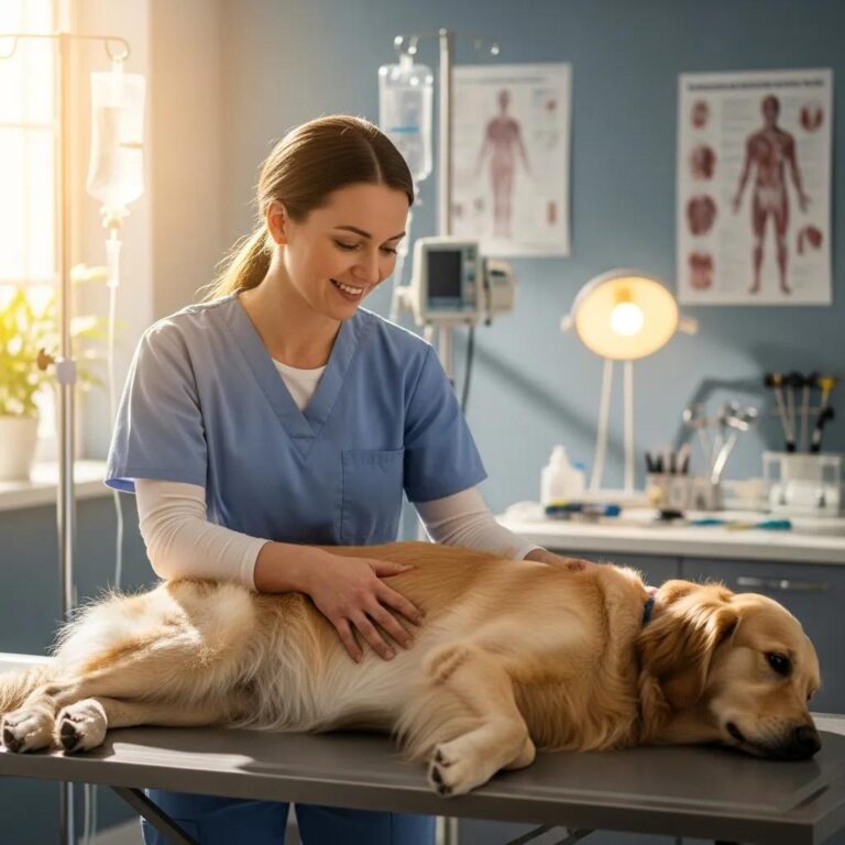 Veterinarian examining a relaxed golden retriever in a welcoming clinic at Pine Animal Hospital, emphasizing compassionate pet care and wellness services.