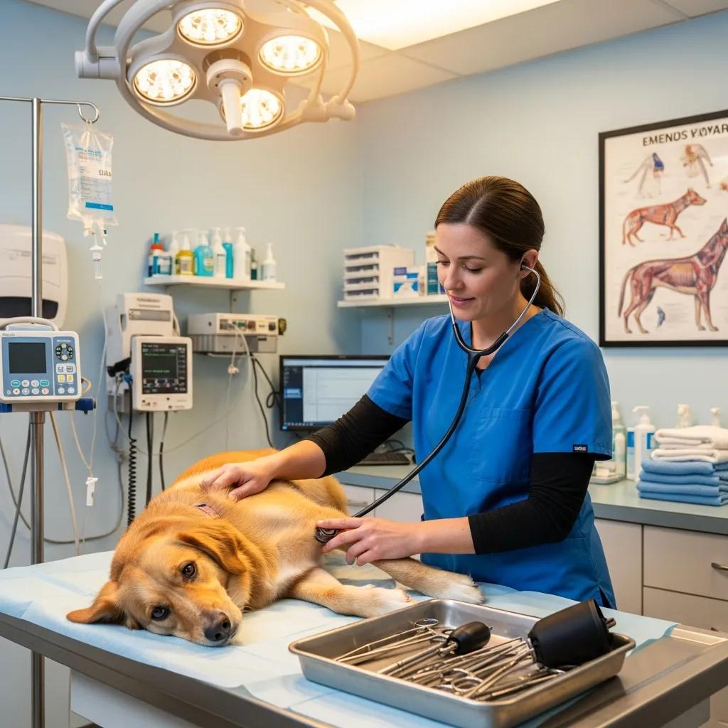 Veterinarian in blue scrubs examining a dog in an emergency clinic at Pine Animal Hospital, showcasing urgent pet care and compassionate veterinary services.