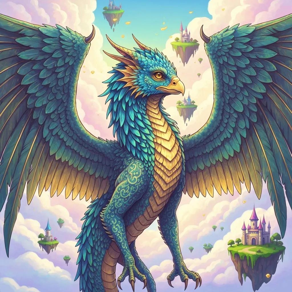Colorful mythical creature with wings, resembling a dragon, set against a dreamy sky with floating islands and a distant castle, symbolizing imaginative themes relevant to Pine Animal Hospital's focus on pet wellness and care.
