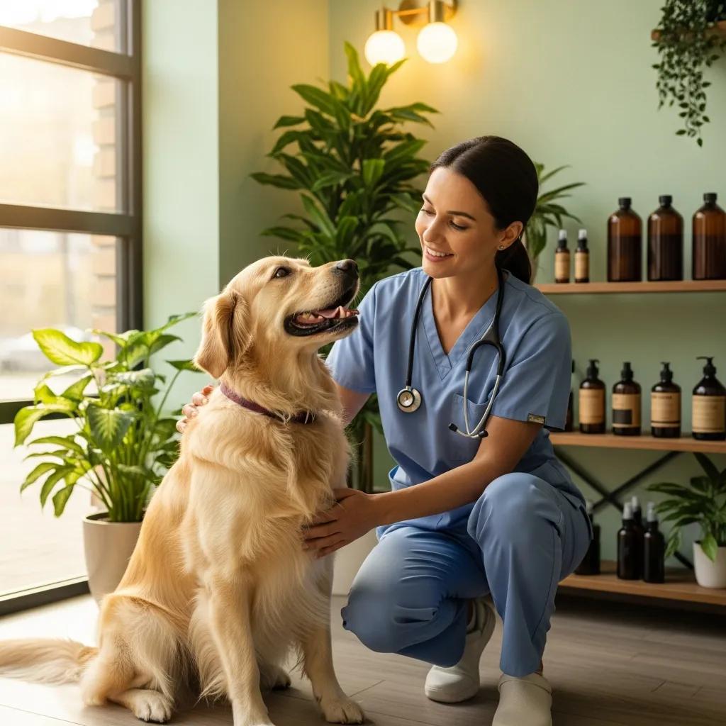 Veterinarian in scrubs interacting with a happy golden retriever in a holistic pet care clinic at Pine Animal Hospital, surrounded by plants and wellness products.