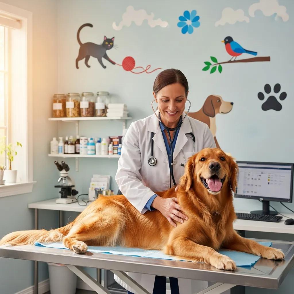 Veterinarian examining a happy golden retriever in a welcoming clinic environment at Pine Animal Hospital, showcasing pet care and health services in Long Beach, CA.