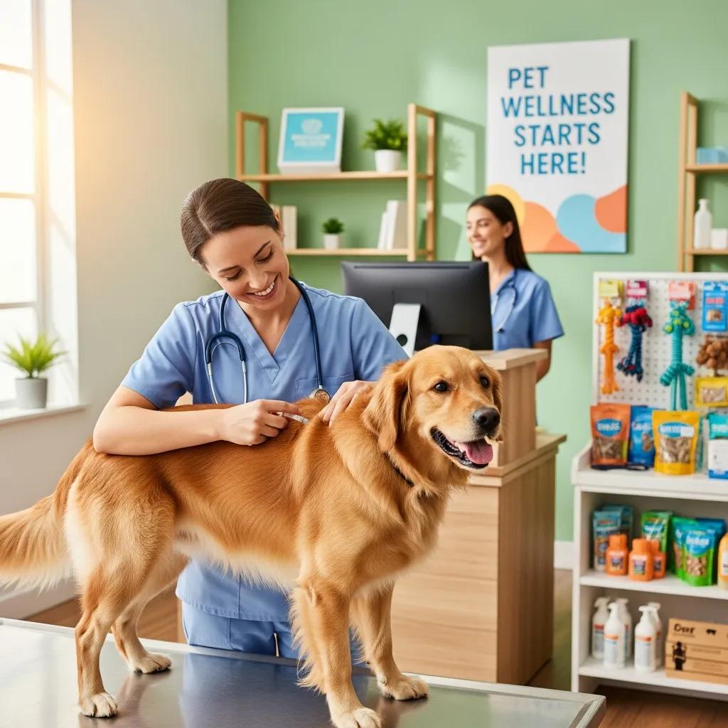 Veterinarian administering vaccination to a happy golden retriever in a welcoming Pine Animal Hospital clinic environment.