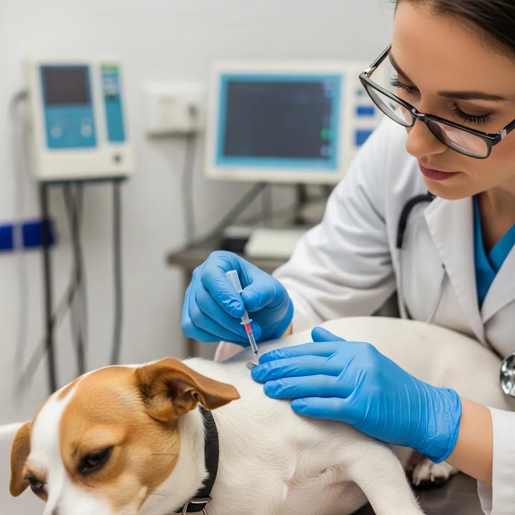 Veterinarian implanting a microchip into a small dog in a veterinary clinic