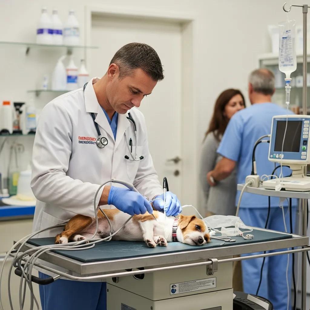 Veterinarian providing emergency care to a small dog at Pine Animal Hospital, with medical equipment and staff in a veterinary clinic setting.