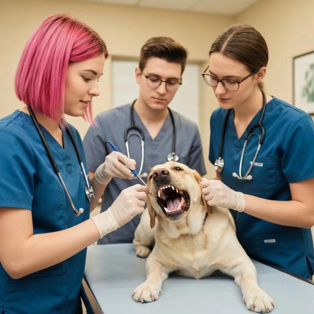 Veterinary team at Pine Animal Hospital performing a dental cleaning on a calm dog, emphasizing pet dental care and health.