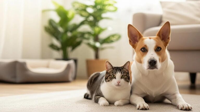 Happy dog and cat resting together in a cozy living room, symbolizing care for pets with skin allergies.