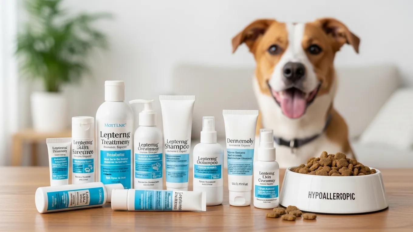 Various treatment options for pet skin issues including ointments, shampoos, and hypoallergenic food