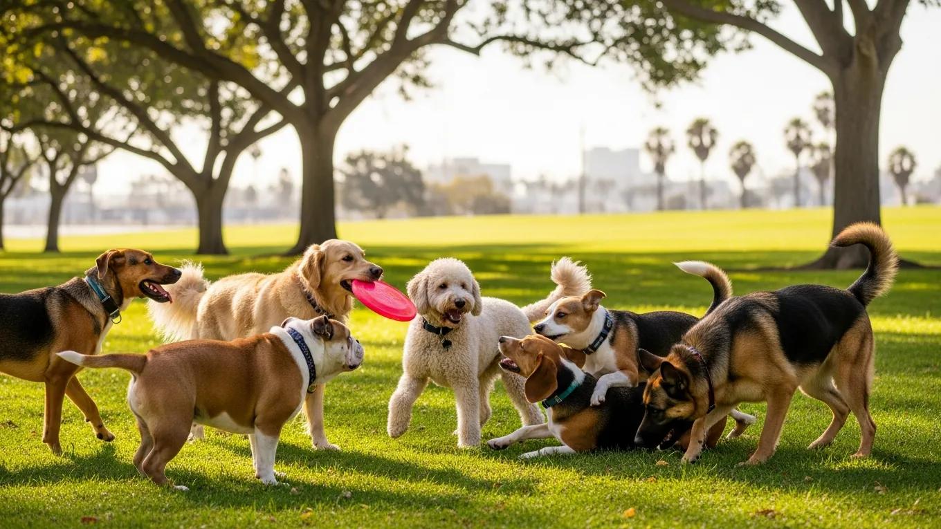 Group of healthy dogs playing in a park, representing the importance of core vaccinations