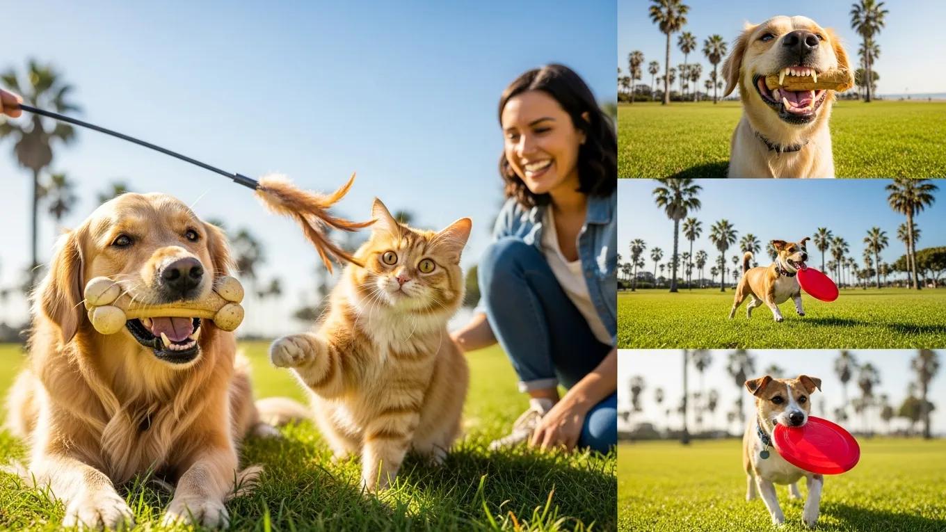 Happy pets in a Long Beach park, showcasing the benefits of good dental hygiene for enhanced quality of life