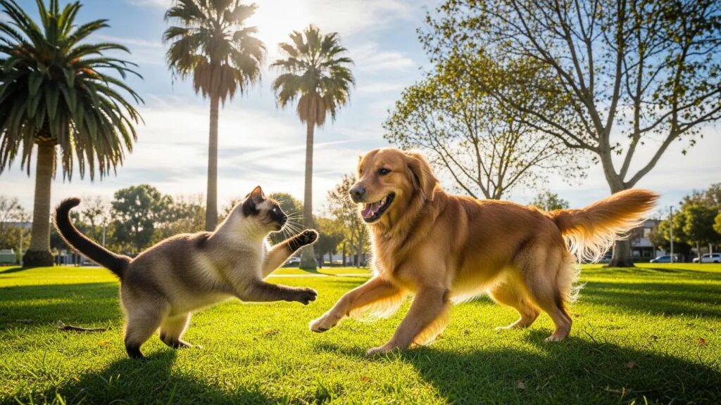 Healthy dog and cat playing in Long Beach park, promoting effective pet weight management and active lifestyles.