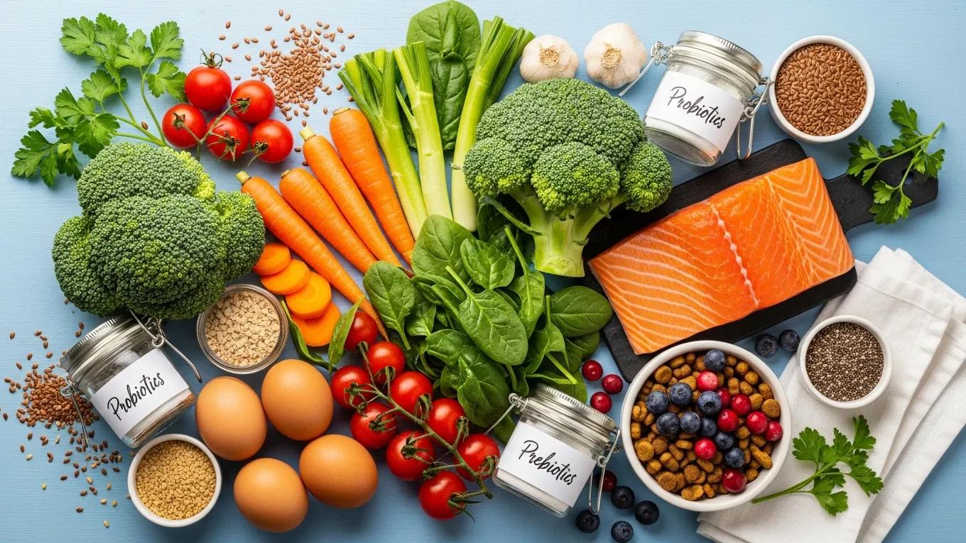 Natural pet food ingredients including vegetables and fish, emphasizing nutritional approaches for allergy management