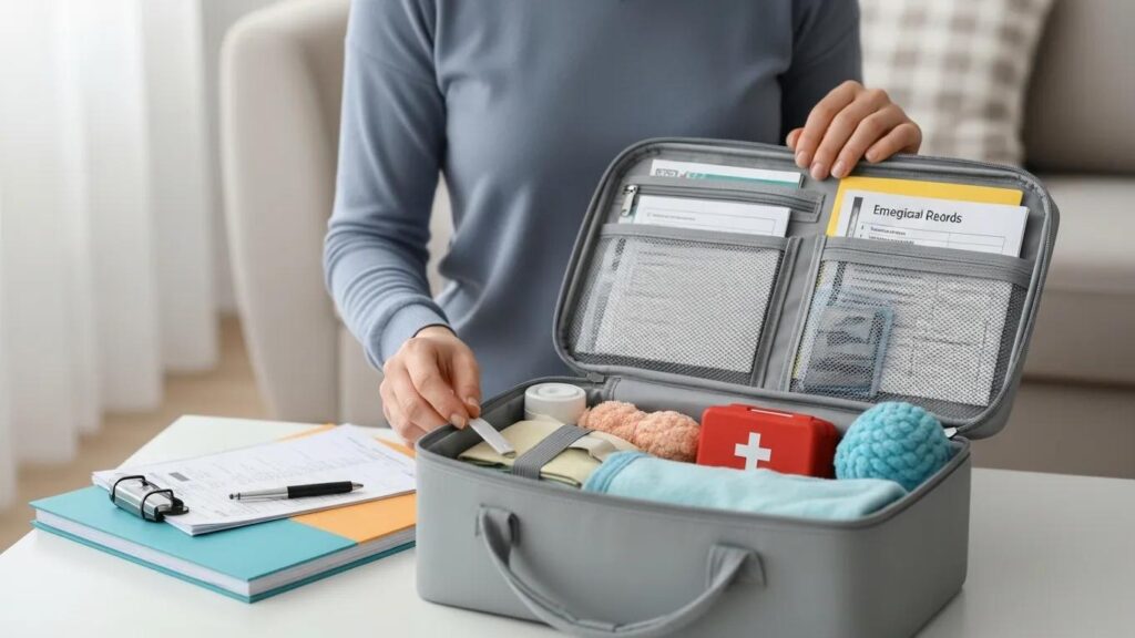 Pet owner preparing an emergency kit at home with essential items for a pet emergency.