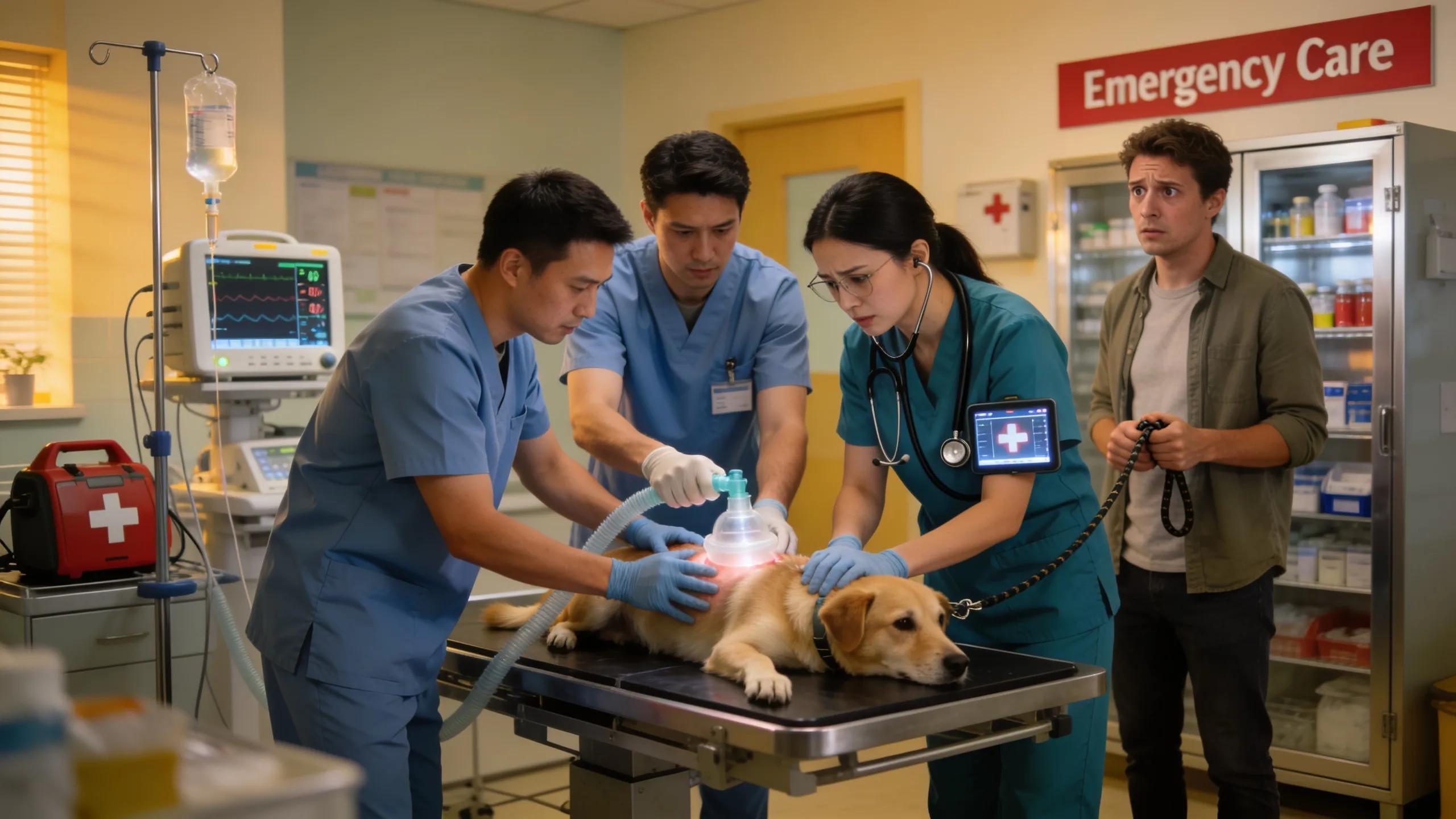 Veterinary team administering emergency care to a pet, emphasizing urgent veterinary services
