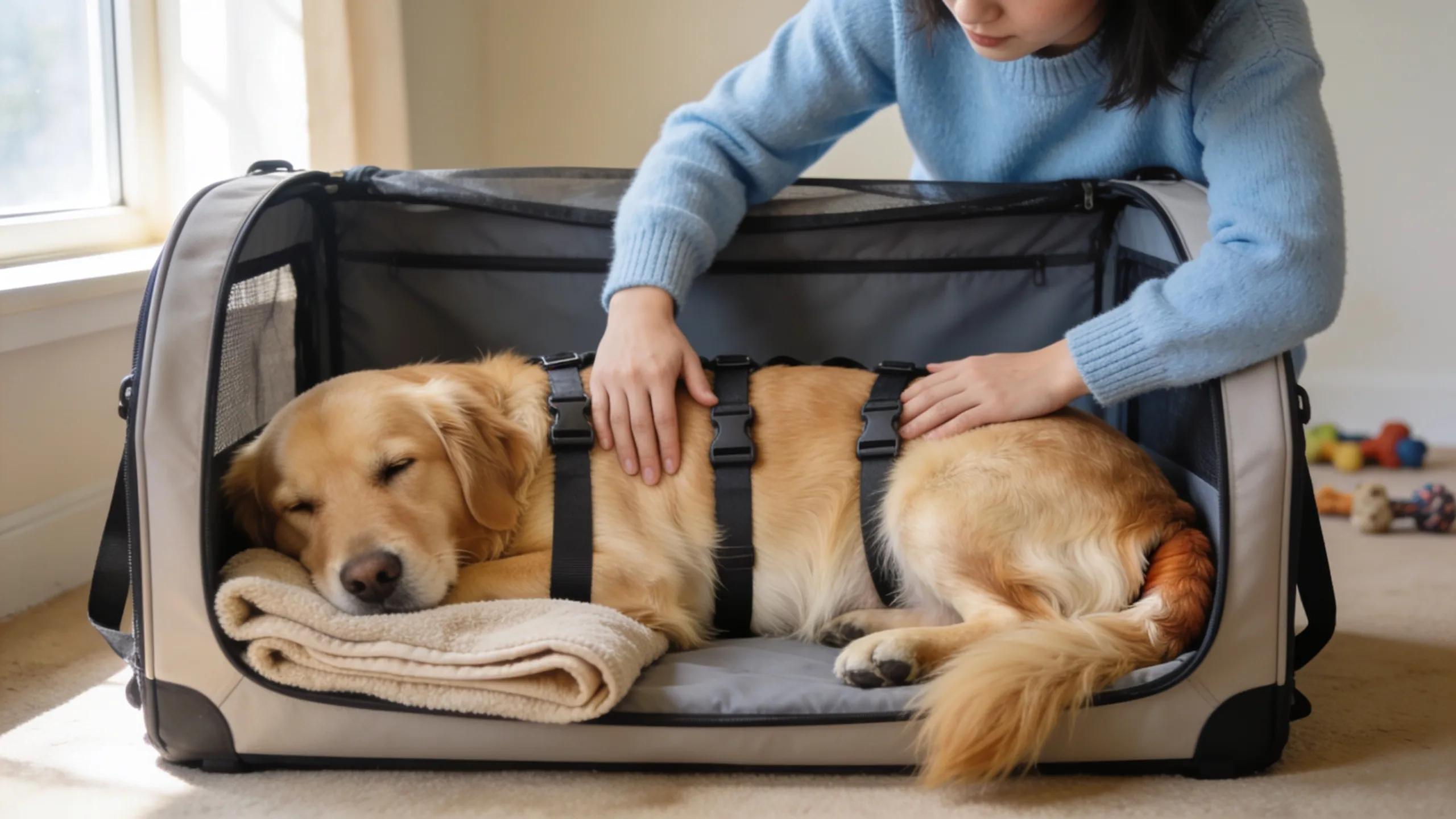 Owner securing a pet in a carrier for safe transport during an emergency