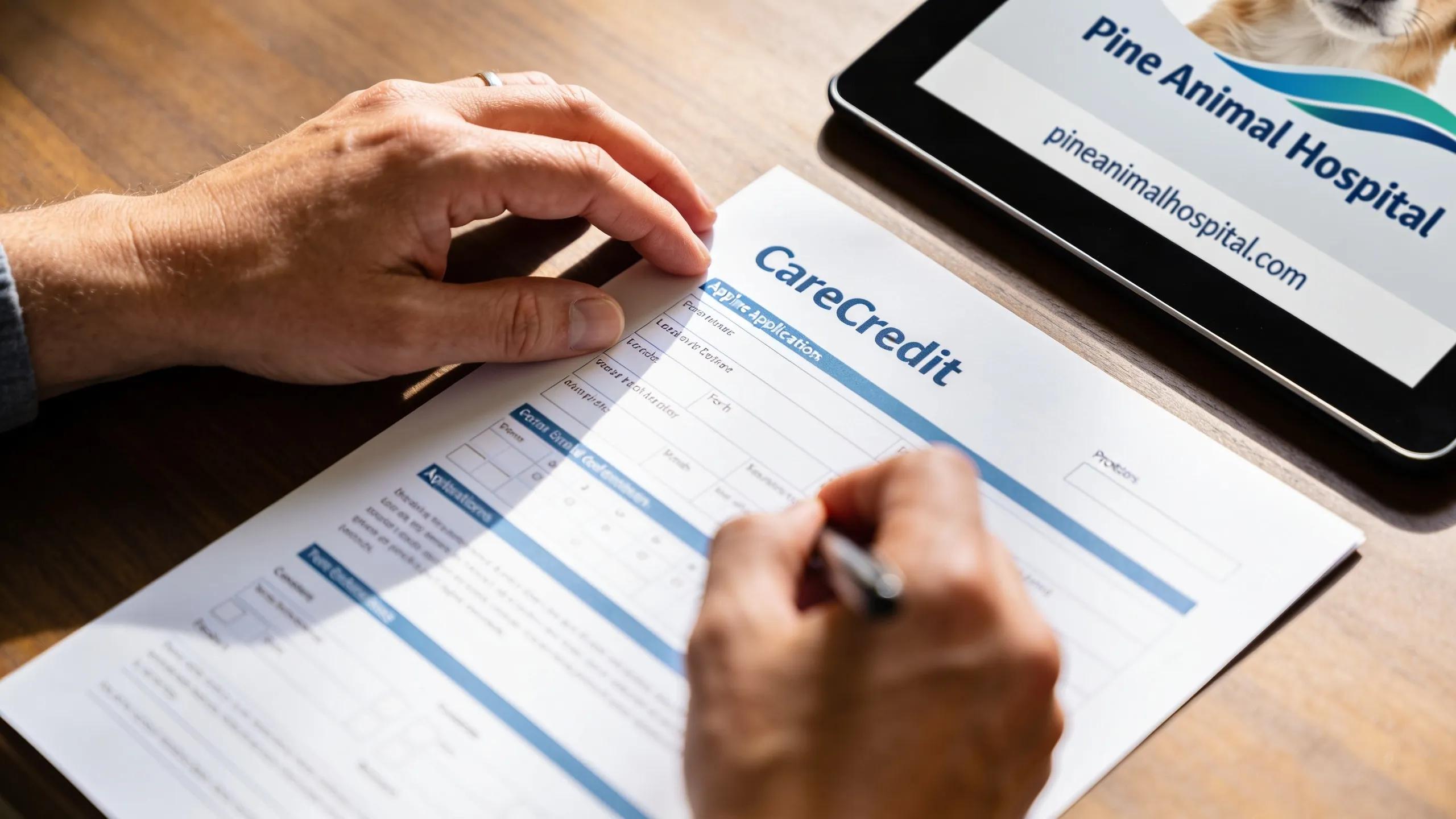 Applying for CareCredit financing for affordable pet cardiac care at Pine Animal Hospital.