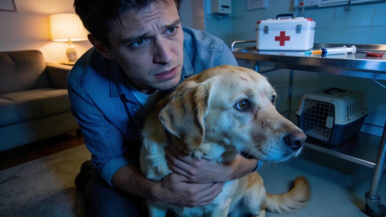 Pet owner assisting a distressed animal in an emergency situation