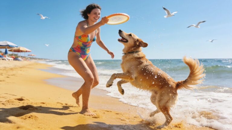 Active dog enjoying coastal lifestyle at the beach, emphasizing pet wellness and beach activities