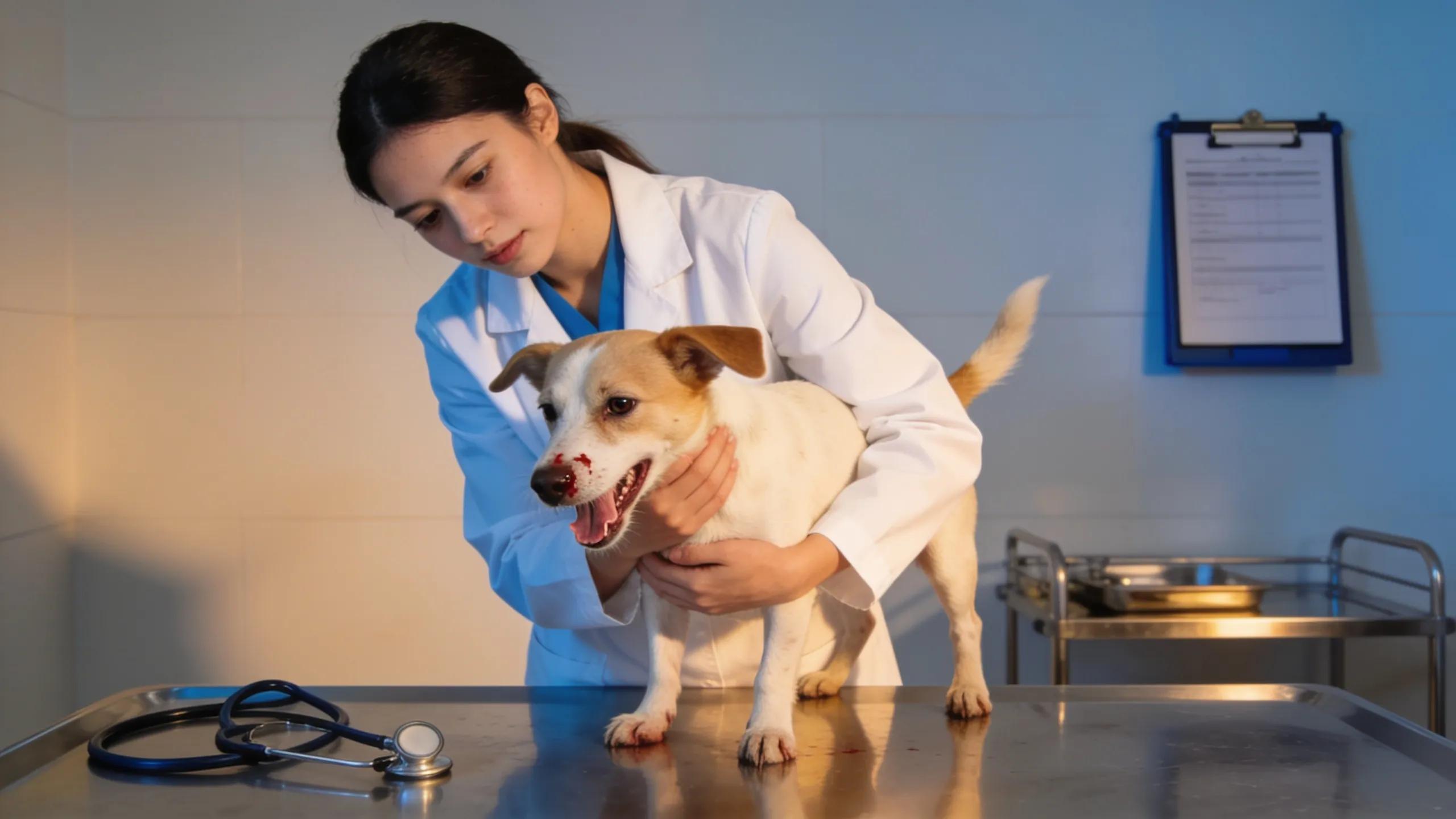 Veterinarian assessing a pet with critical emergency symptoms in a clinical environment