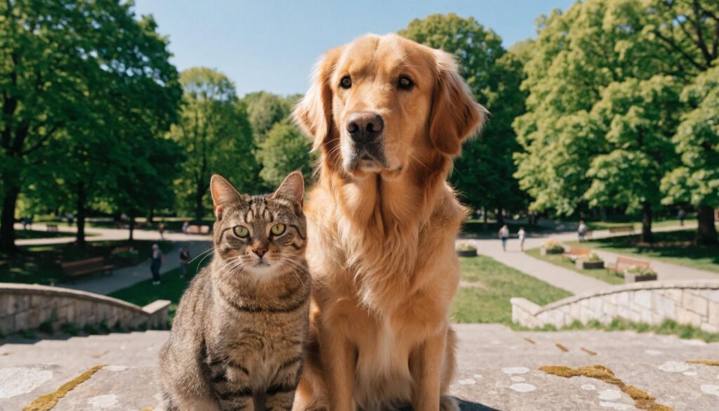 Dogs and cats enjoying a healthy outdoor environment, representing preventative pet care and vibrant community connections.