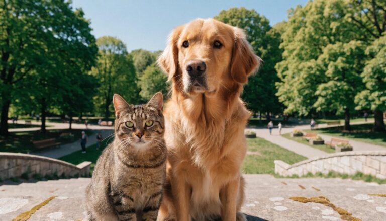 Dogs and cats enjoying a healthy outdoor environment, representing preventative pet care and vibrant community connections.