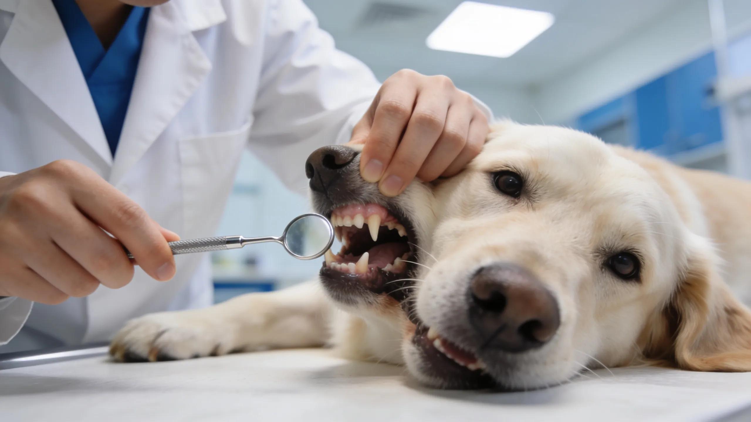 Veterinary professional providing dental care for a dog, emphasizing the importance of dental health in routine pet wellness.