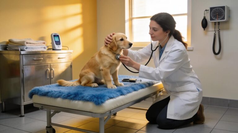Veterinarian with a special interest in cardiology examining dog; affordable pet cardiac care.